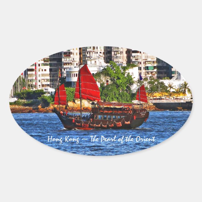 Hong Kong Sampan The Pearl of the Orient Oval Sticker (Front)