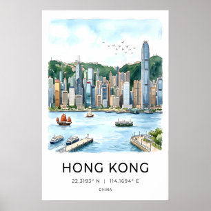 Hong Kong Skyline Wall Art - Watercolor Harbour