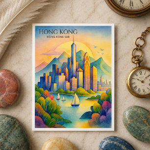Hong Kong Skyline Watercolor Postcard   Travel Gif