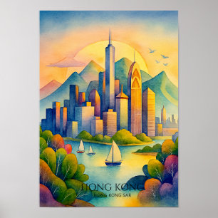 Hong Kong Skyline Watercolor Travel Poster