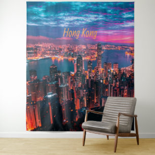 Hong Kong Skyscraper Skyline Night Lights Tapestry