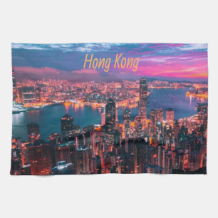 Hong Kong Skyscraper Skyline Night Lights Tea Towel