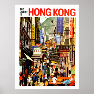 Hong Kong, urban street crowd, Orient, vintage Poster
