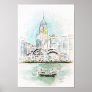 Hong Kong Victoria Harbour 1 ink and watercolour  Poster