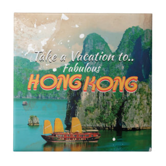 Hong Kong Vintage Travel Poster Tile
