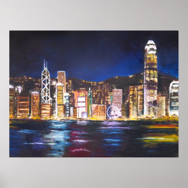 Hong Kong Vitoria Harbour night view oil painting Poster (Front)