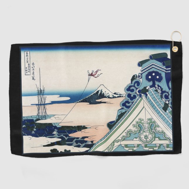 Honganji Temple Vista of Mt. Fuji Japanese Woodcut Golf Towel (Horizontal)