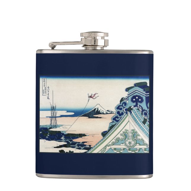 Honganji Temple Vista of Mt. Fuji Japanese Woodcut Hip Flask (Front)