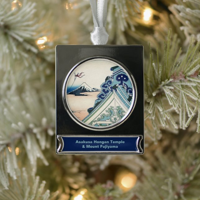 Honganji Temple Vista of Mt. Fuji Japanese Woodcut Silver Plated Banner Ornament (Tree)