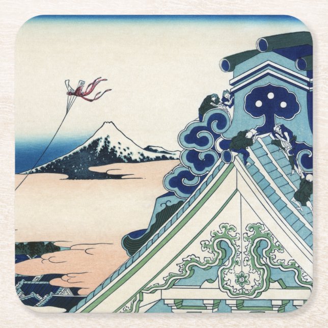 Honganji Temple Vista of Mt. Fuji Japanese Woodcut Square Paper Coaster (Front)