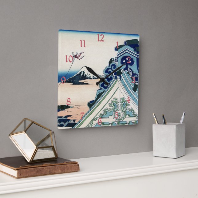 Honganji Temple Vista of Mt. Fuji Japanese Woodcut Square Wall Clock (Office)