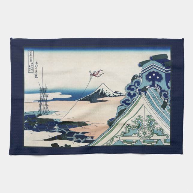 Honganji Temple Vista of Mt. Fuji Japanese Woodcut Tea Towel (Horizontal)