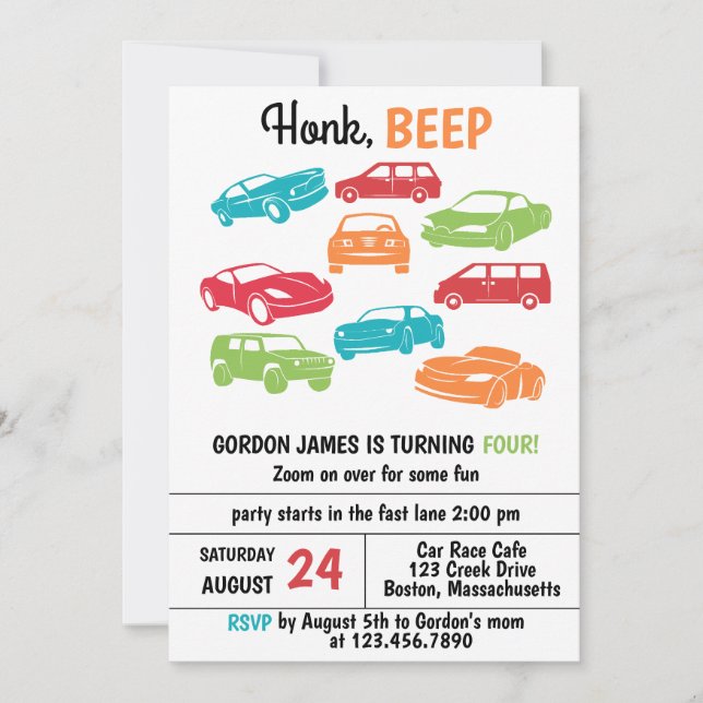 Honk Beep Automobile/Cars Birthday Party Invitation (Front)