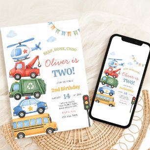 Honk Beep Choo 2nd Birthday Vehicles Invitation