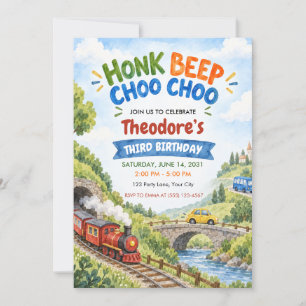 Honk Beep Choo Choo 3rd Birthday Train Invitation