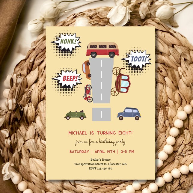 Honk beep toot retro vehicles boy birthday invitation (Creator Uploaded)