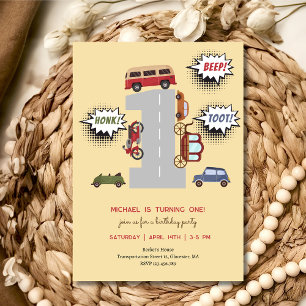 Honk beep toot retro vehicles first boy birthday invitation