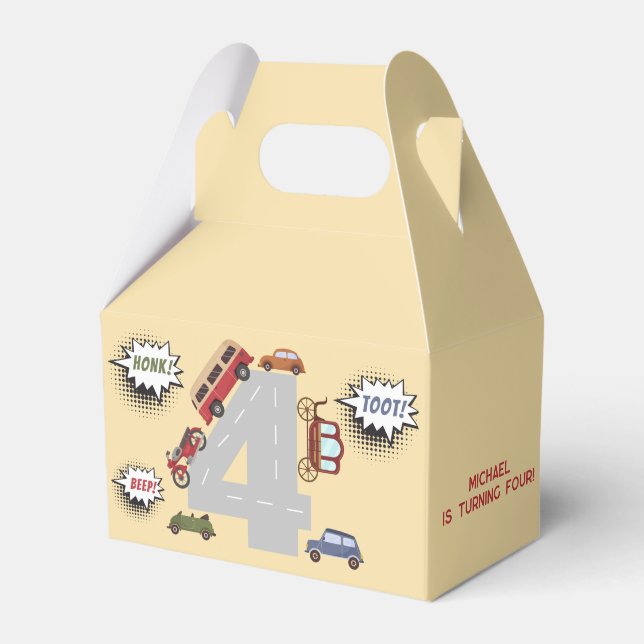 Honk beep toot retro vehicles forth boy birthday favour box (Front Side)