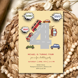 Honk beep toot retro vehicles forth boy birthday invitation