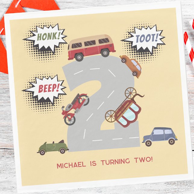 Honk beep toot retro vehicles second boy birthday napkin (Creator Uploaded)