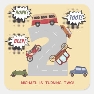 Honk beep toot retro vehicles second boy birthday square sticker