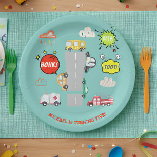 Honk beep toot vehicles boy birthday paper plate