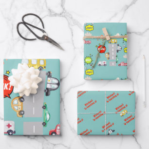 Honk beep toot vehicles boy birthday wrapping paper sheet