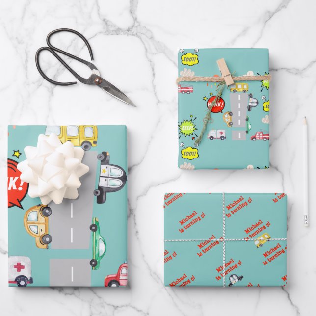 Honk beep toot vehicles boy birthday wrapping paper sheet (Front)