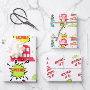 Honk beep vroom happy vehicles boy birthday wrapping paper sheet
