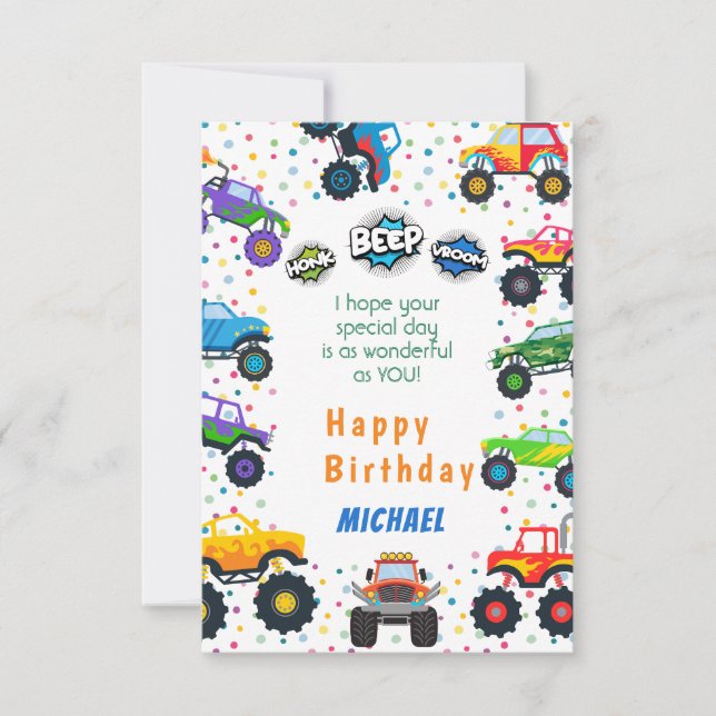 Honk beep vroom monster trucks birthday greeting card (Front)