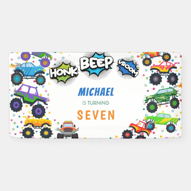 Honk beep vroom monster trucks boy birthday  banner (Horizontal)