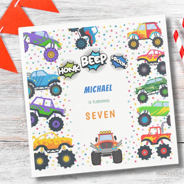 Honk beep vroom monster trucks boy birthday napkin (Creator Uploaded)
