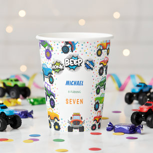 Honk beep vroom monster trucks boy birthday paper cups