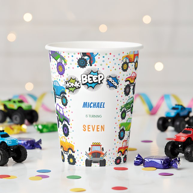 Honk beep vroom monster trucks boy birthday paper cups (Creator Uploaded)