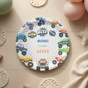 Honk beep vroom monster trucks boy birthday paper plate
