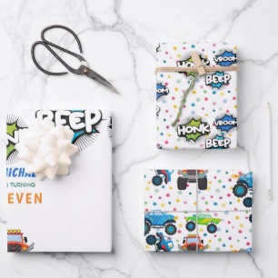 Honk beep vroom monster trucks boy birthday  wrapping paper sheet