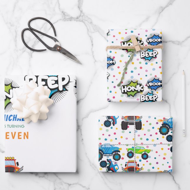 Honk beep vroom monster trucks boy birthday  wrapping paper sheet (Front)