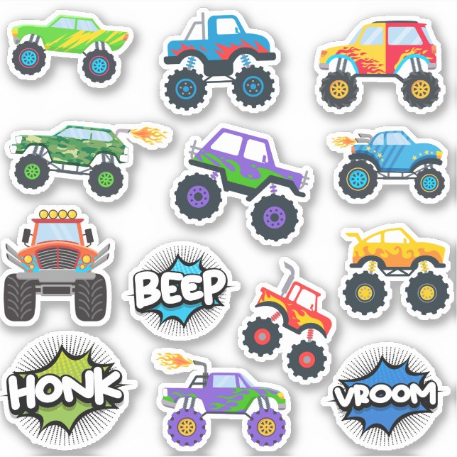Honk beep vroom monster trucks boy sticker pack (Front)