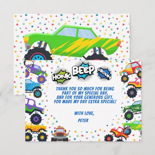 Honk beep vroom monster trucks kids birthday  thank you card (Front/Back)