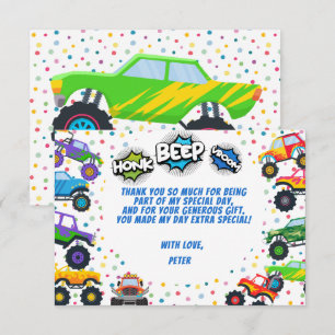 Honk beep vroom monster trucks kids birthday  thank you card