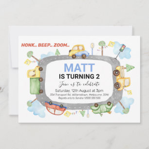 Honk Beep Zoom Transport Birthday Party Invitation