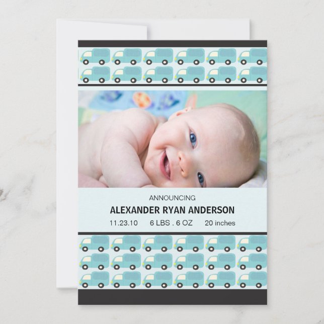 Honk! Blue Trucks Baby Boy Birth Annoucement Announcement (Front)
