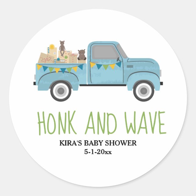 Honk & Wave Drive Thru Baby Shower Blue Truck Classic Round Sticker (Front)