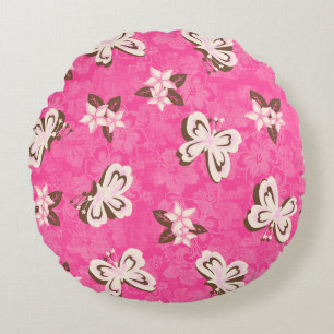 Honolua Plumeria Butterfly and Hawaiian Hibiscus Round Cushion