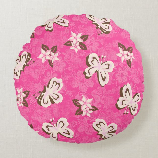 Honolua Plumeria Butterfly and Hawaiian Hibiscus Round Cushion (Front)