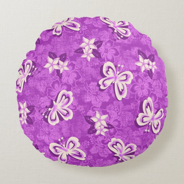 Honolua Plumeria Butterfly and Hawaiian Hibiscus Round Cushion (Front)