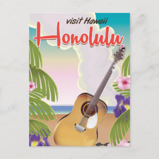 Honolulu acoustic guitar vintage travel poster. postcard