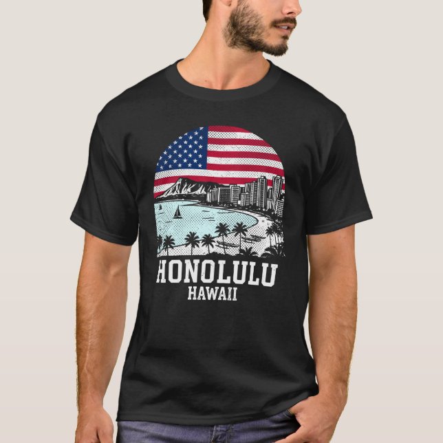 Honolulu City Hawaii American Flag T-Shirt (Front)