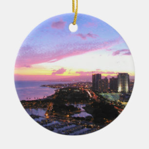 Honolulu cityscape Hawaii sunset Ceramic Tree Decoration