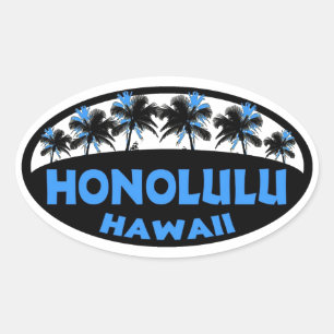 Honolulu Hawaii blue black palms oval stickers